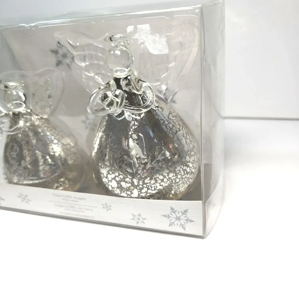Handblown Mini Set 2 Glass Angels Light Up With Timer Pier One CHRISTMAS Open Bo